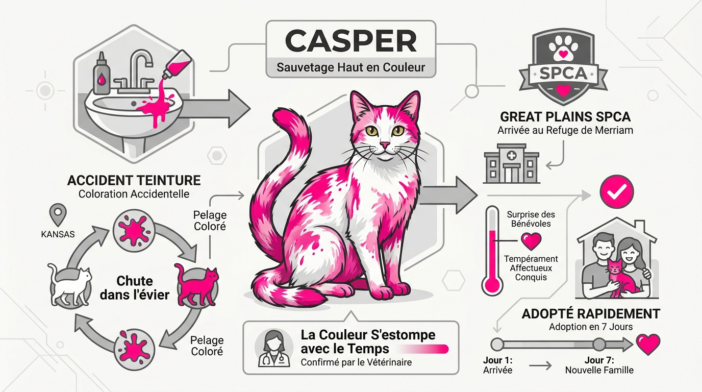 Casper le chat blanc devenu rose après un accident de teinture capillaire au Kansas