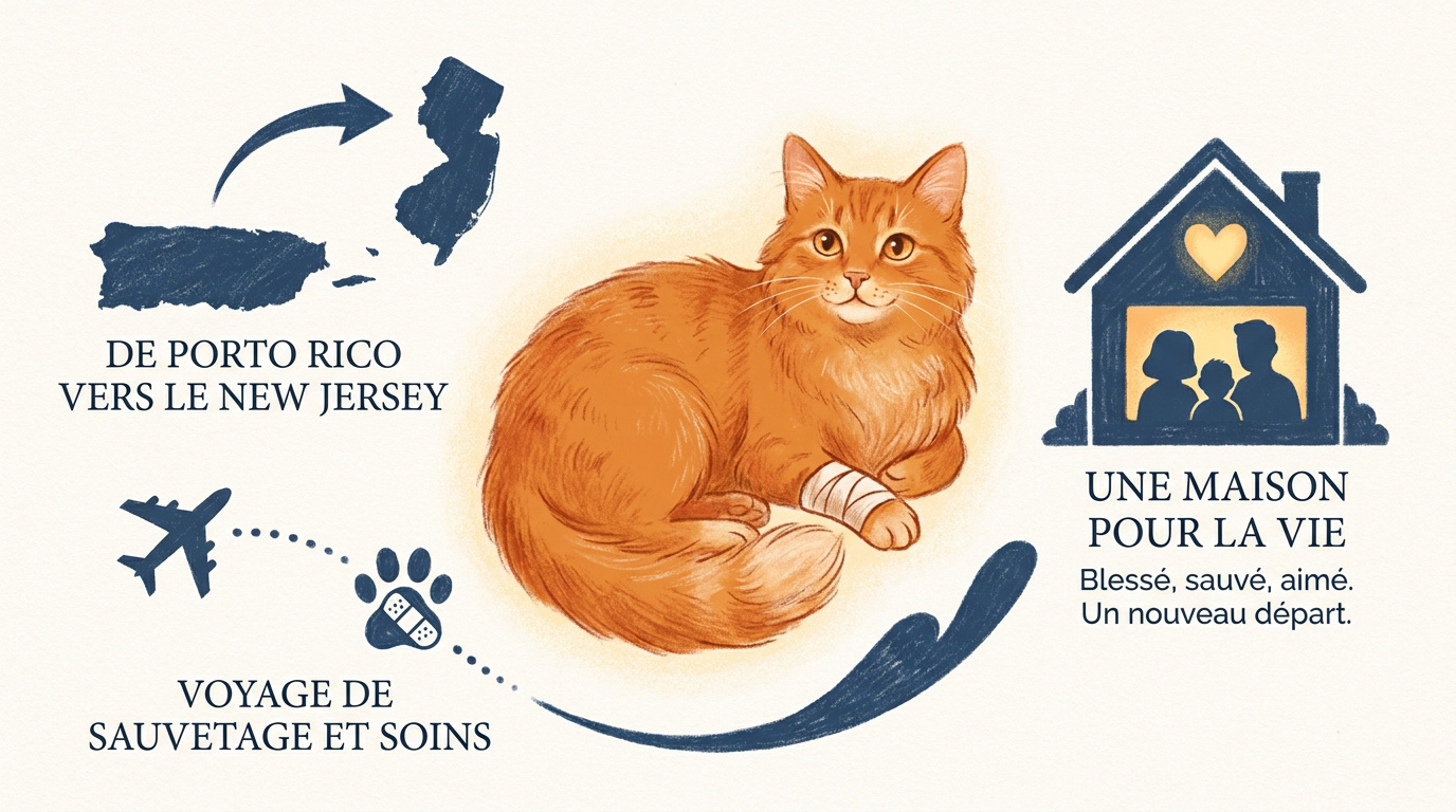 Diego le chat roux sauvé à Porto Rico se reposant après son adoption