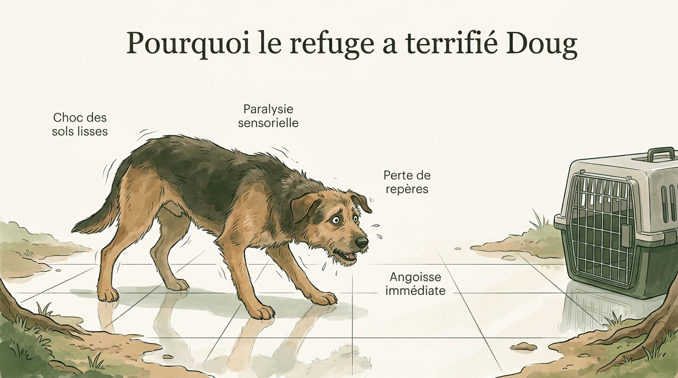 Doug le chien de ferme prostré sur le sol lisse du refuge de St. Cloud