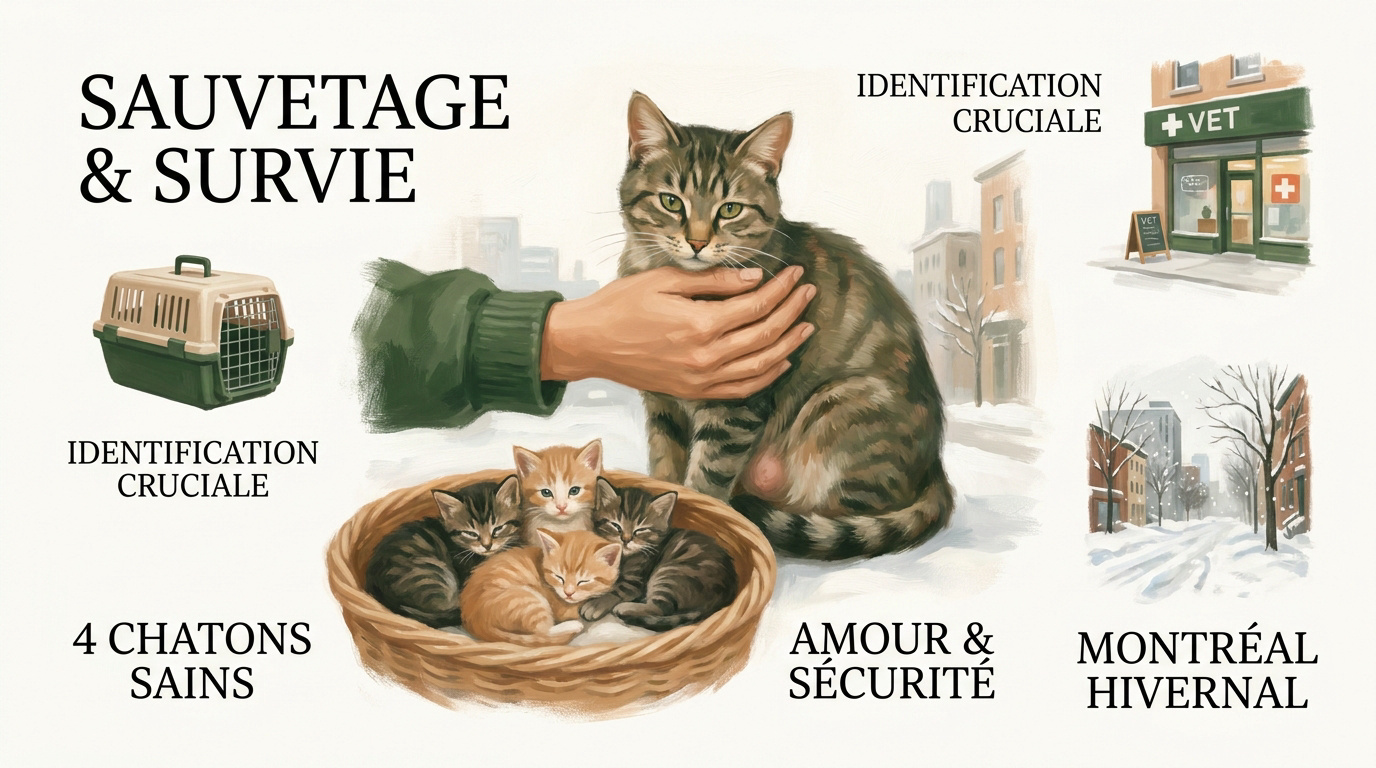 Chatte Soukie et ses quatre chatons sauvés à Montréal par l'association Chatons Orphelins