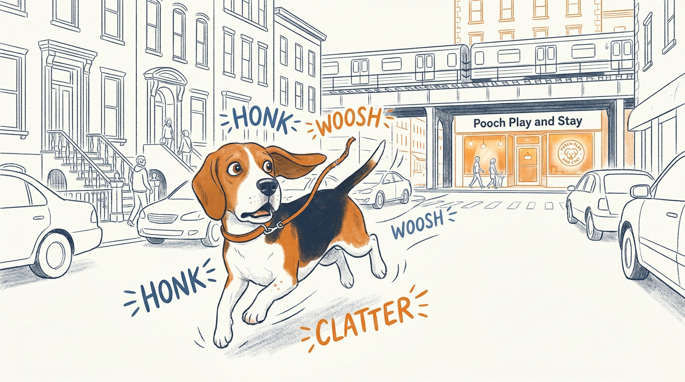 Pete le Beagle devant la vitrine de sa garderie à Brooklyn après sa fuite
