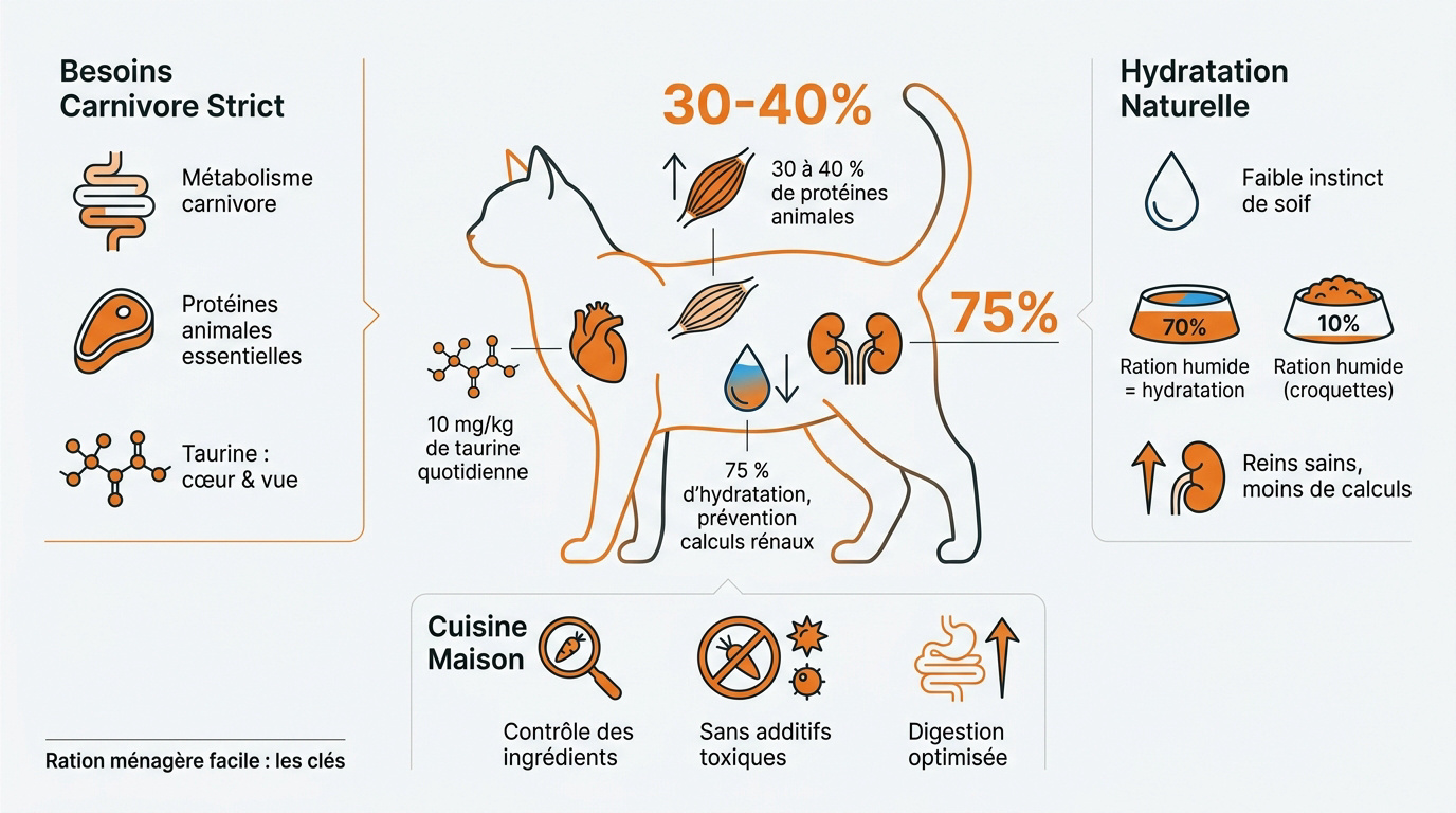 Schéma des besoins nutritionnels essentiels du chat incluant protéines et taurine