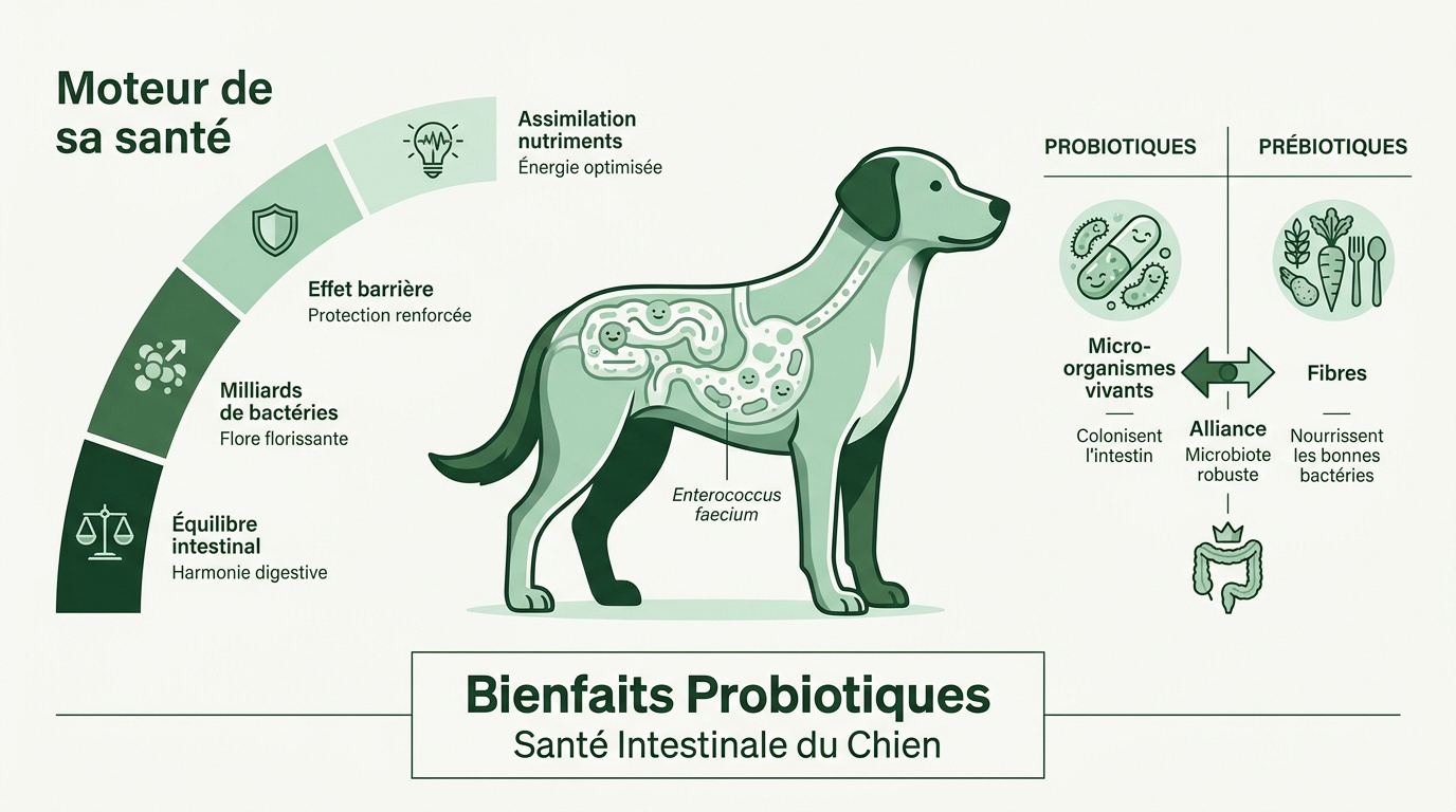 Chien en pleine santé illustrant les bienfaits des probiotiques sur sa flore intestinale