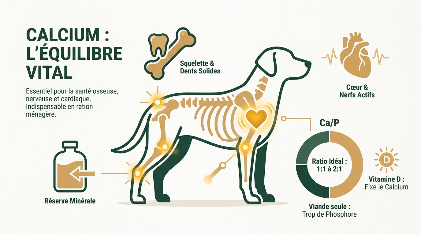 Chien devant une gamelle de ration ménagère équilibrée en calcium
