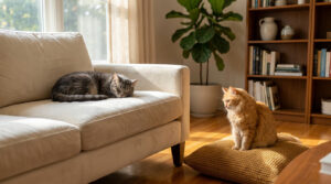 Un chat gris dort sur un canapé beige tandis qu'un chat roux est assis calmement sur un coussin au sol.