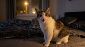 Un chat blanc et tigré assis sur un lit défait dans une chambre sombre, la bouche ouverte comme s'il miaulait.
