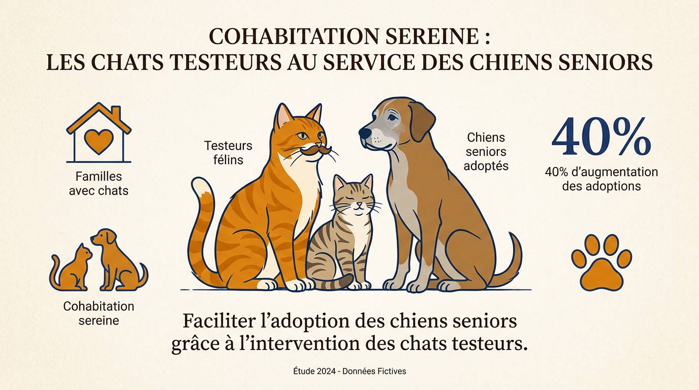 Un chat roux calme testant la compatibilité avec un chien senior dans un refuge