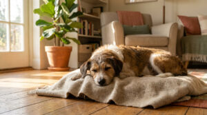 Un chien au pelage brun et blanc dort paisiblement sur une couverture dans un salon ensoleillé.