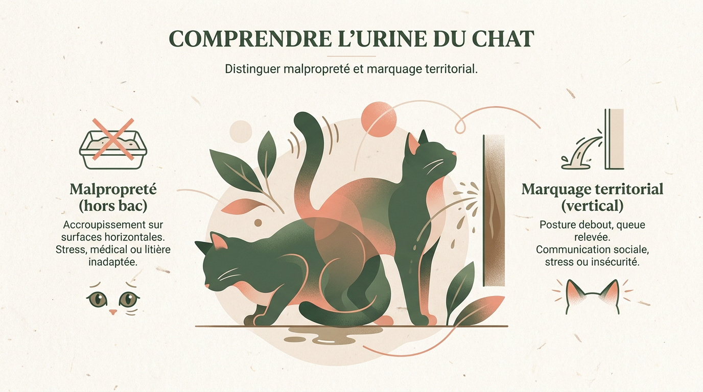 Comparaison visuelle entre la posture de malpropreté accroupie et le marquage urinaire vertical du chat