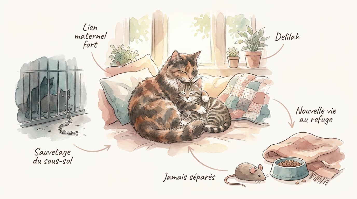 Delilah et son chaton Samson ensemble au refuge après leur sauvetage
