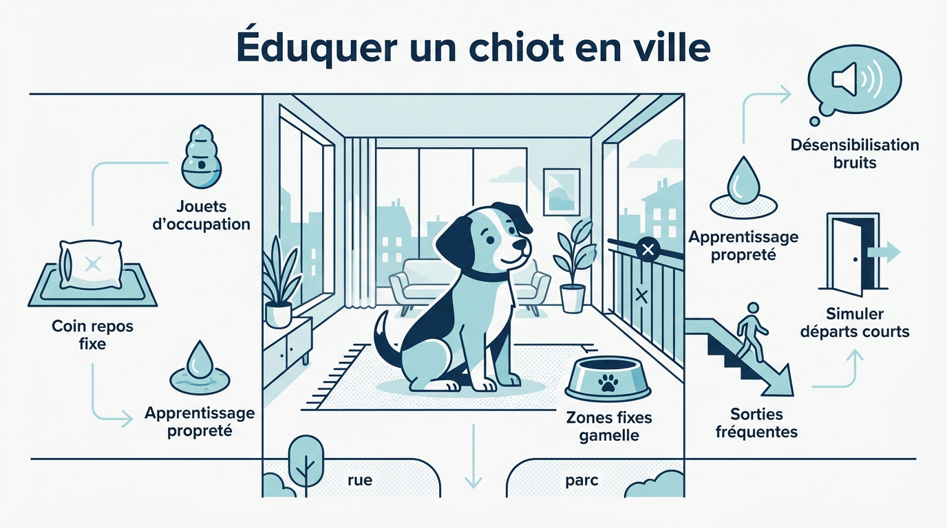 Chiot assis sur un trottoir en ville avec son maître