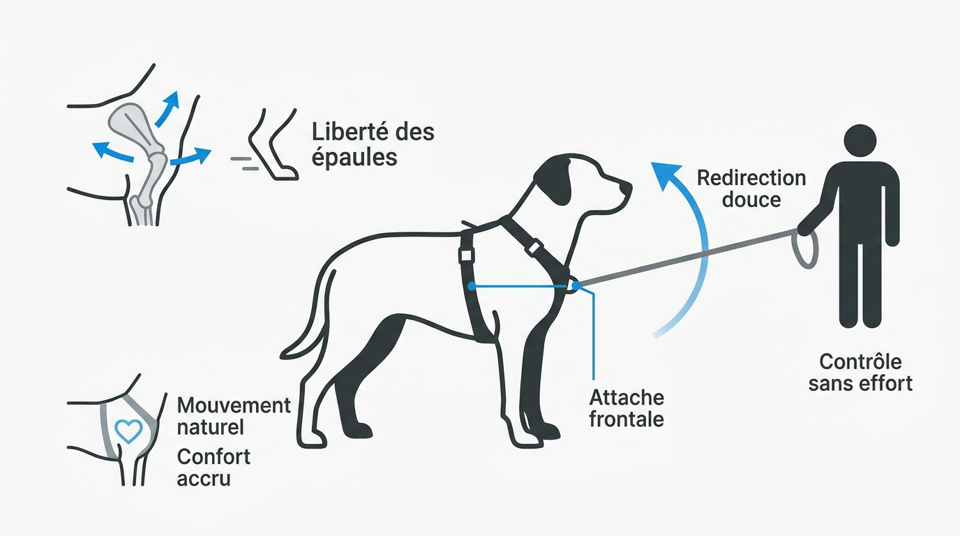 Schéma d'un harnais anti-traction en Y montrant la liberté de mouvement des épaules du chien