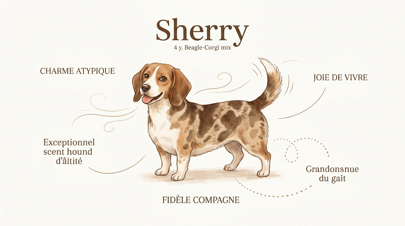 Sherry, une chienne croisée Beagle et Corgi à l'apparence unique et joyeuse
