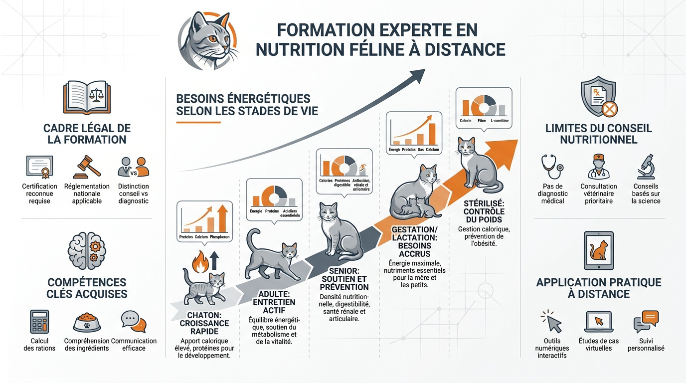 Infographie sur les besoins énergétiques du chat et le cadre légal du conseil nutritionnel