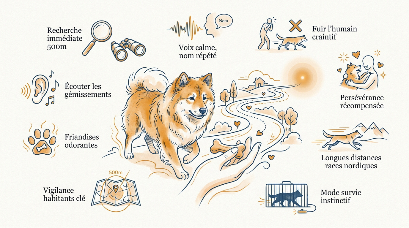Infographie détaillant les étapes clés pour retrouver un chien perdu et les réflexes de recherche