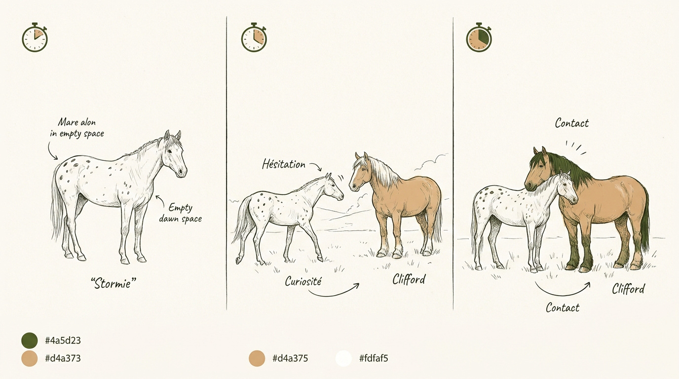 Stormie la jument Appaloosa zorse découvrant son nouveau troupeau avec curiosité