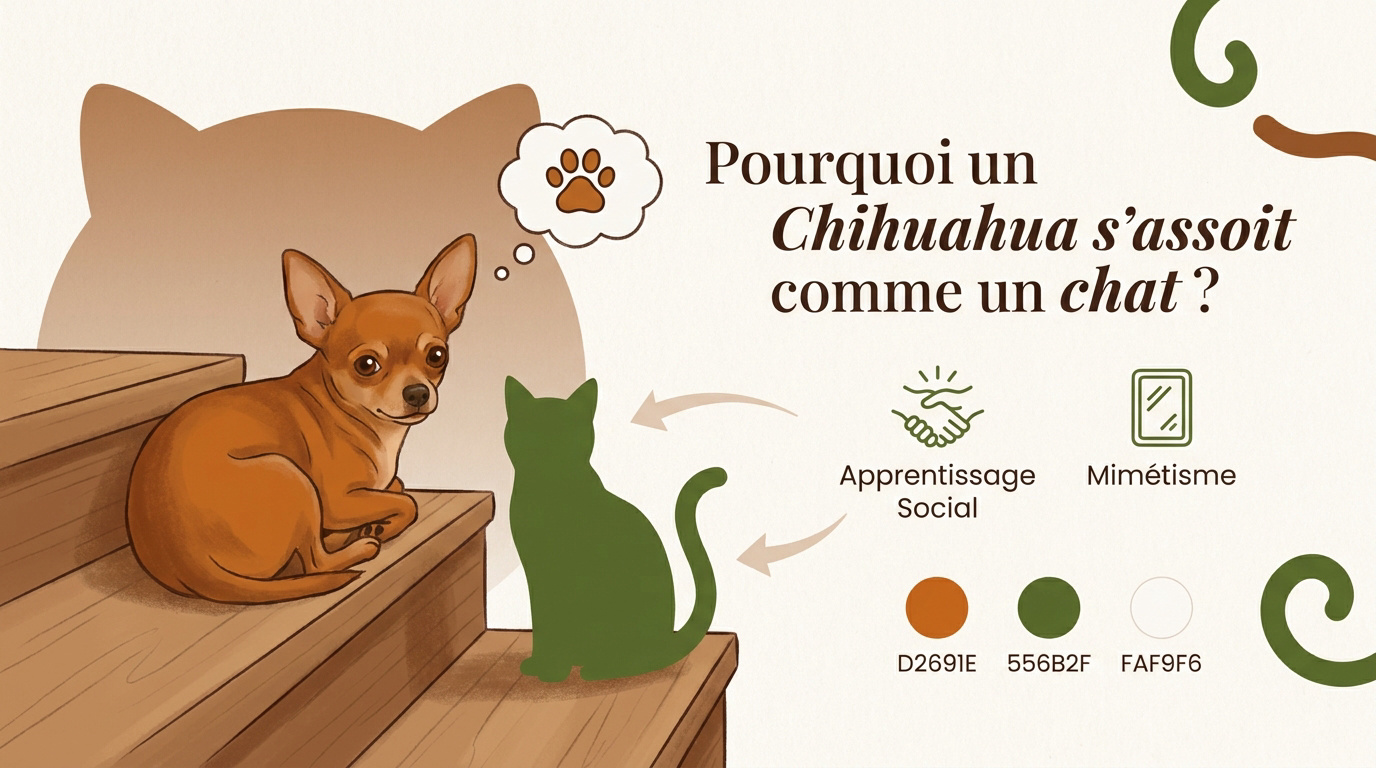 Un petit Chihuahua assis sur un escalier adoptant la posture de repos typique d'un chat