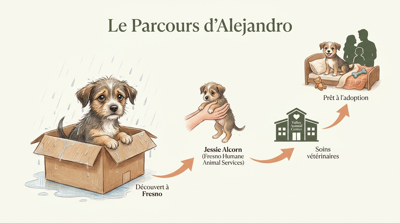 Chiot Alejandro sauvé et prêt pour l'adoption après ses soins au refuge