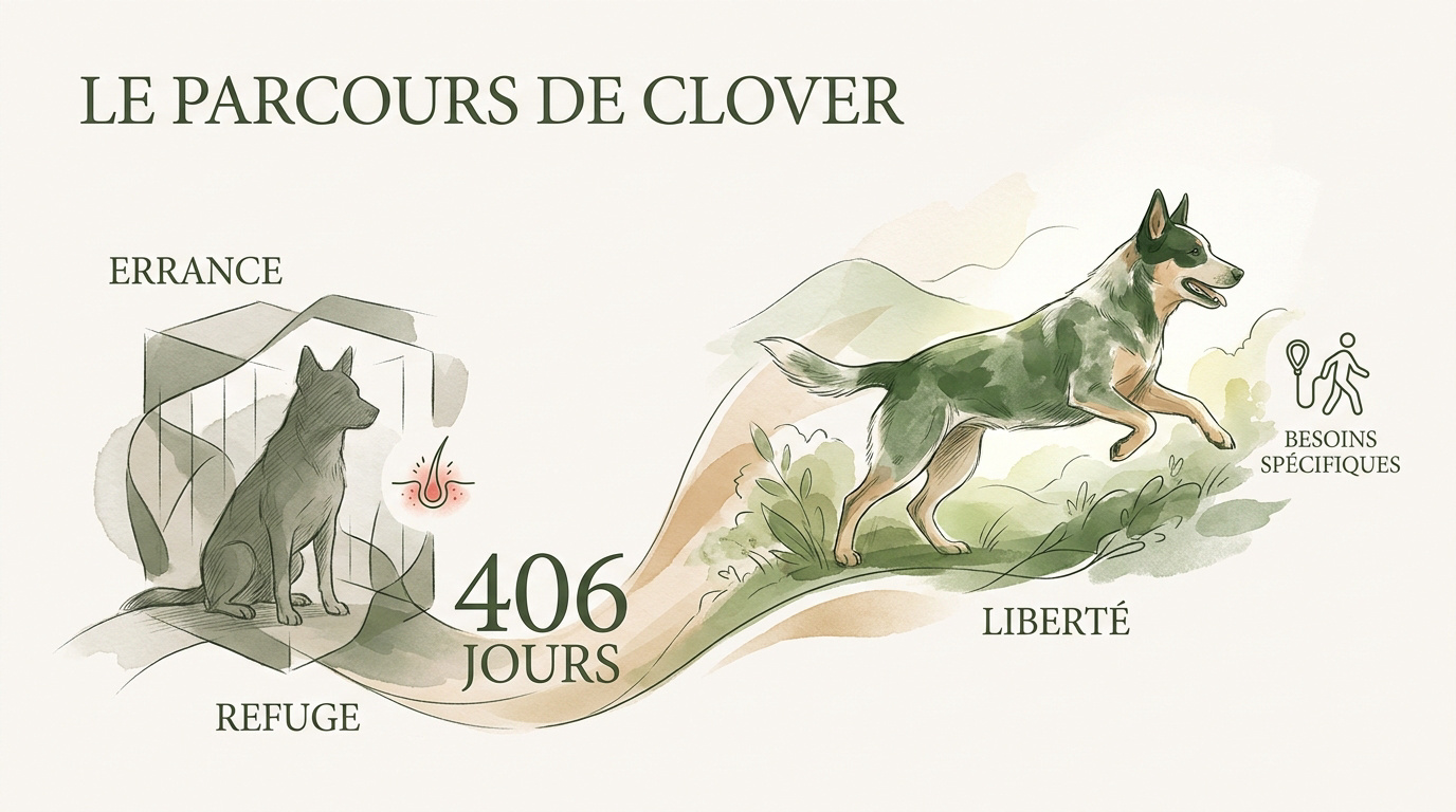 Clover chienne croisée Bouvier Australien attendant son adoption en refuge