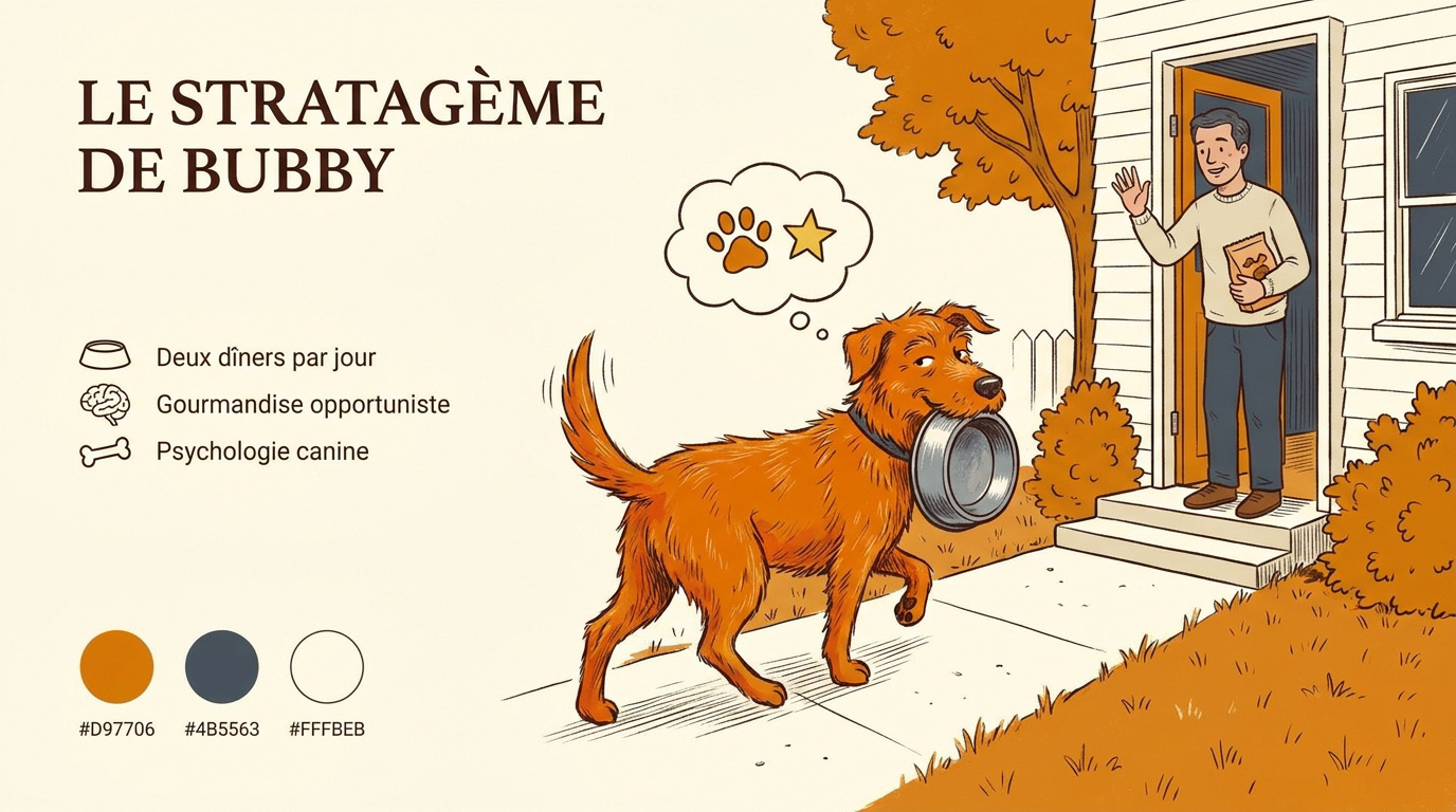 Chien Buckwheat transportant sa gamelle vide pour réclamer un second repas