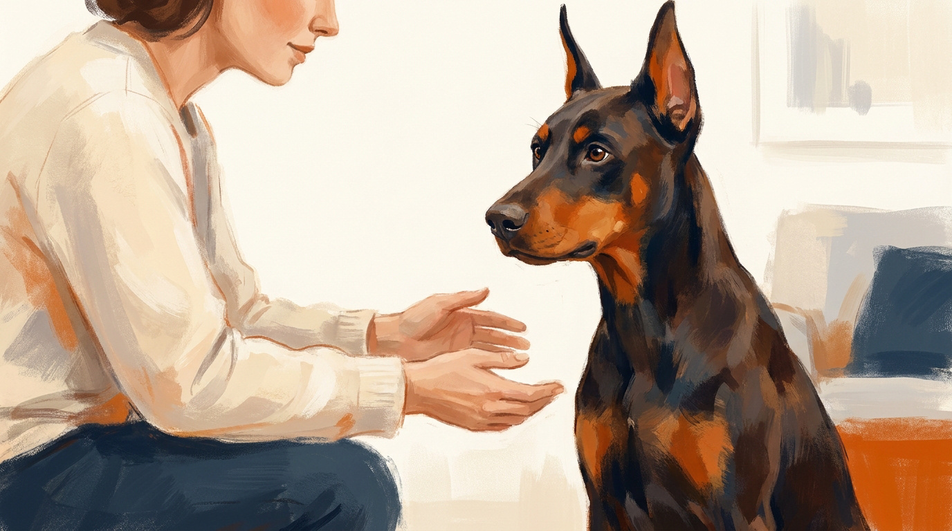 Un propriétaire posant doucement sa main sur l'épaule d'un Dobermann pour le rassurer