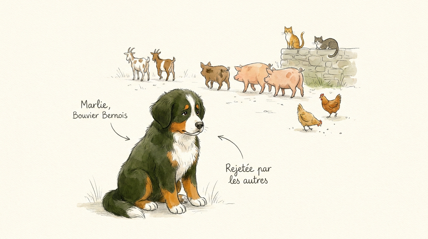 Marlie la chienne Bouvier Bernois assise tristement dans la cour de la ferme