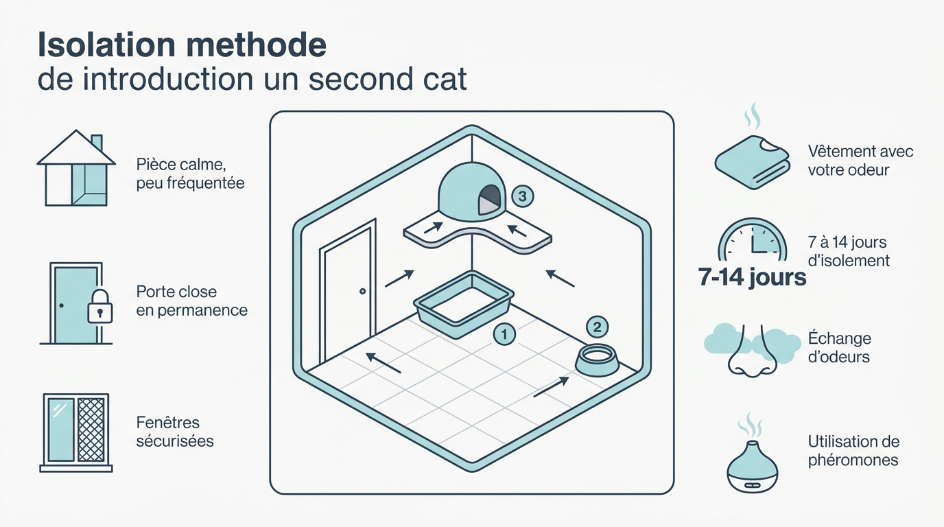 Installation d'un chat dans une pièce d'isolement sécurisée avec ses ressources