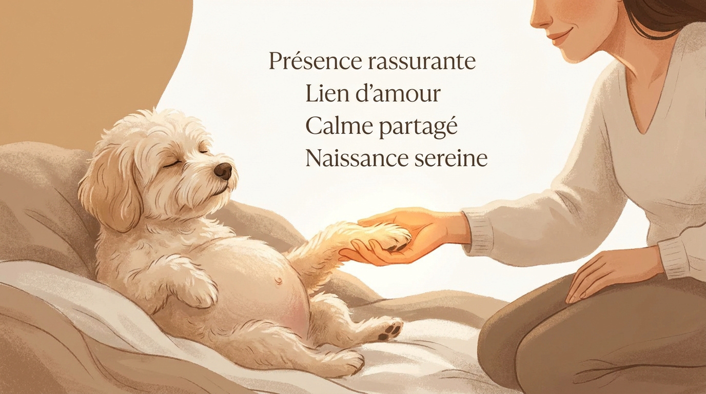 Chienne Maltipoo Nube entourée de ses quatre chiots nouveau-nés sous le regard bienveillant de sa maîtresse