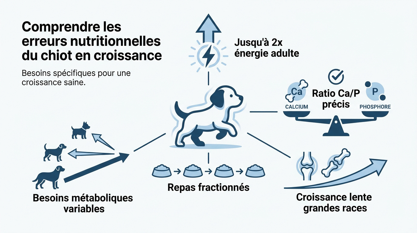 Chiot mangeant dans sa gamelle pour illustrer les erreurs de nutrition durant la croissance