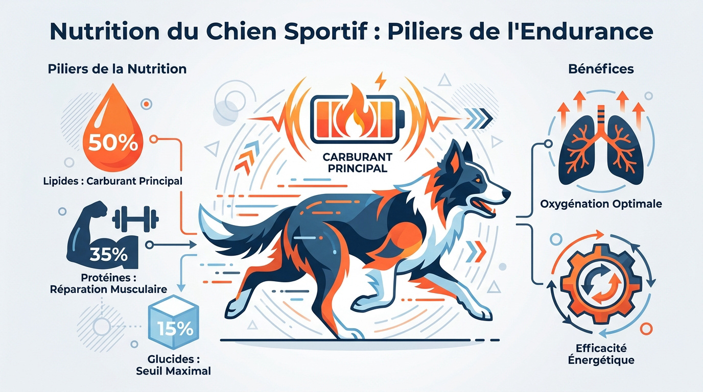 Chien de sport en plein effort d'endurance illustrant les besoins nutritionnels spécifiques