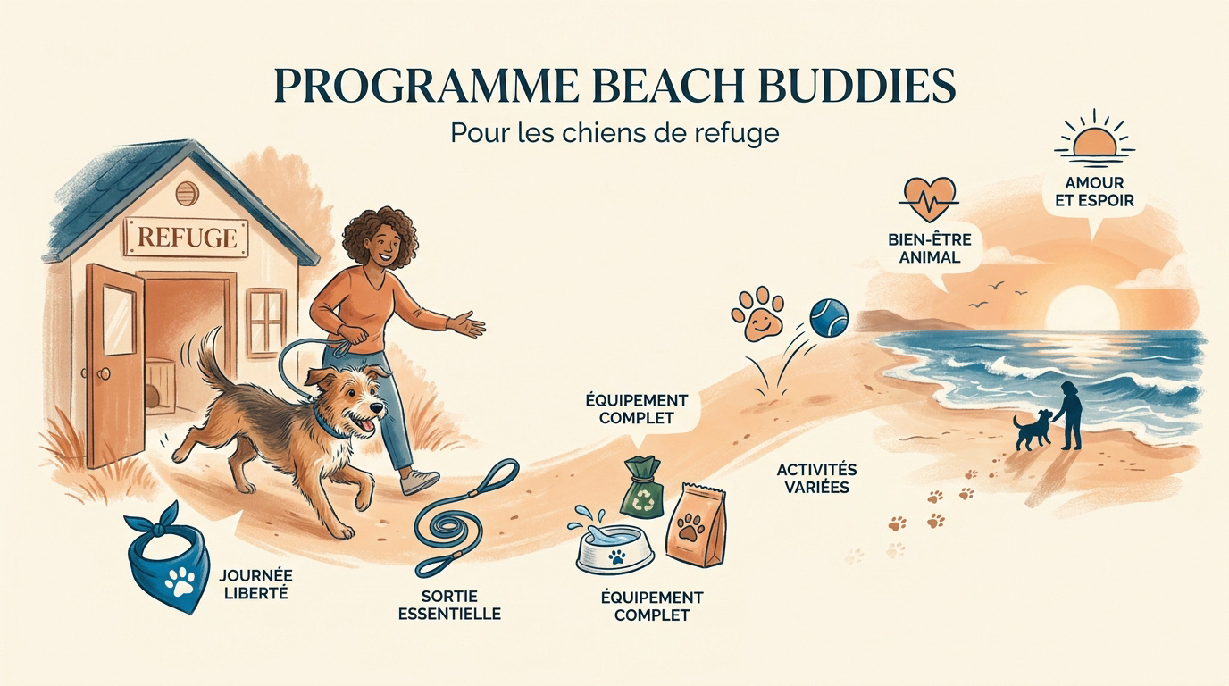 Un chien de refuge heureux profitant d'une sortie à la plage avec le programme Beach Buddies