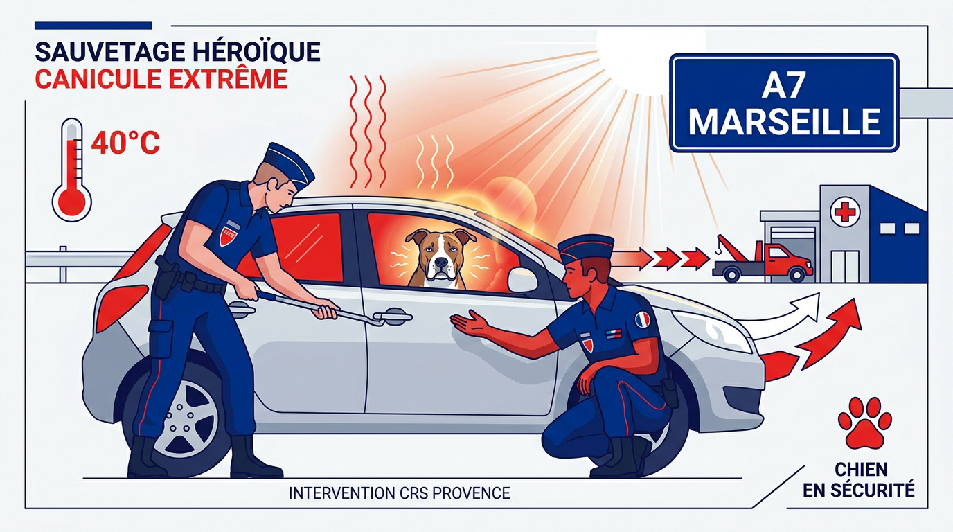 Chien American Staffordshire sauvé par la police sur l'autoroute A7 sous une forte chaleur