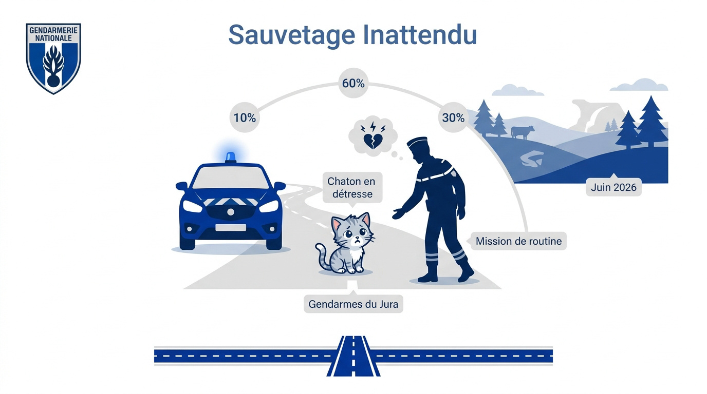 Gendarmes du Jura secourant un petit chaton sur le bord d'une route