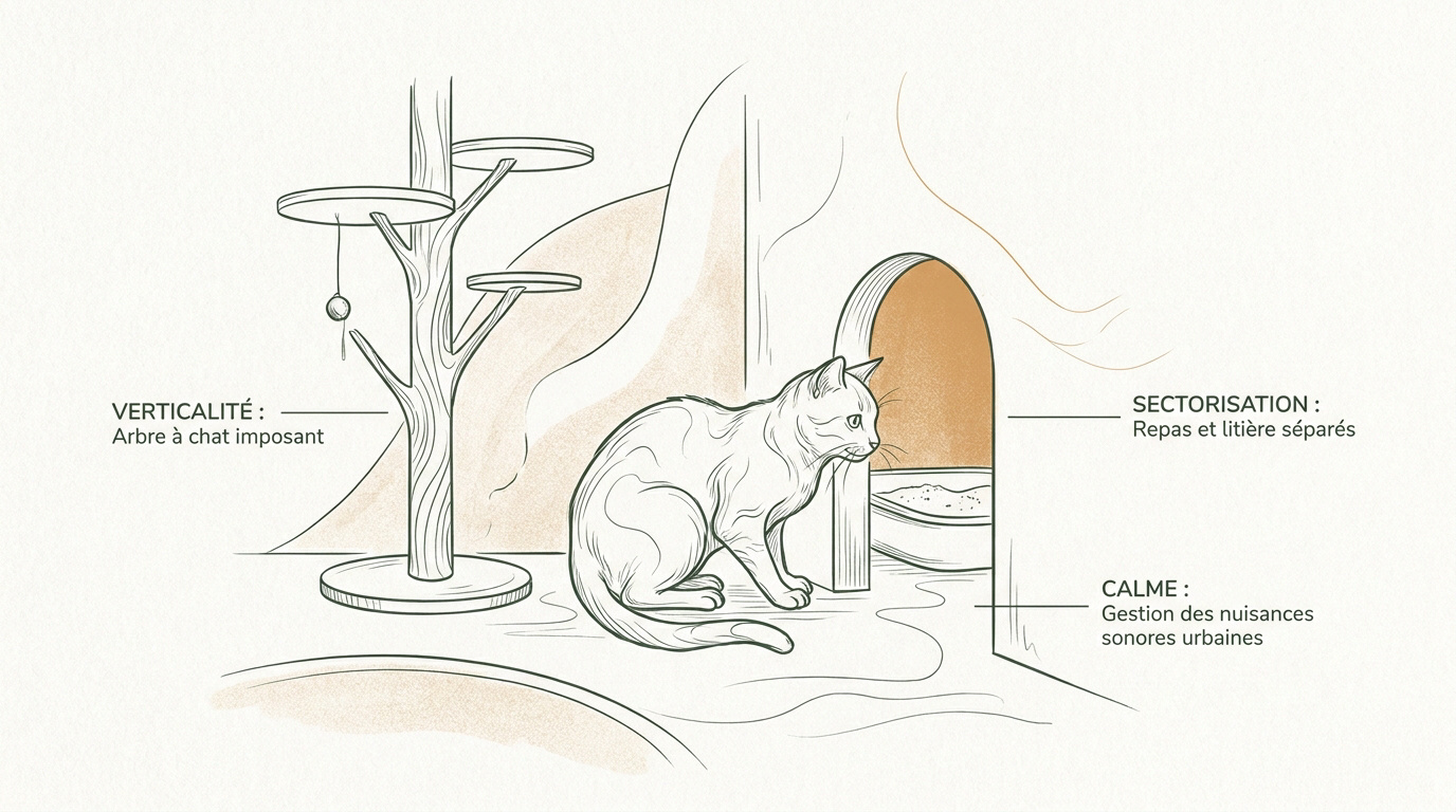 Aménagement d'un intérieur serein avec arbre à chat et cachettes pour apaiser l'anxiété féline