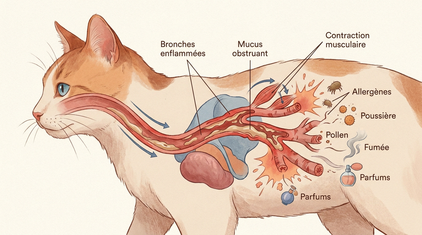 Schéma anatomique des bronches d'un chat montrant l'inflammation et les déclencheurs de l'asthme félin