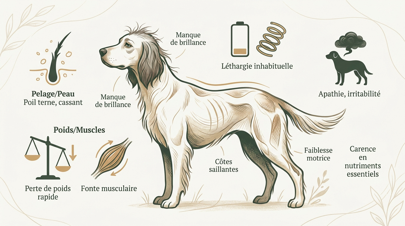 Chien présentant des signes de fatigue et un pelage terne dû à une carence alimentaire