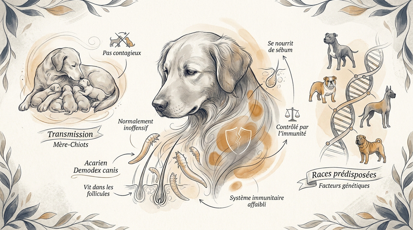 Infographie expliquant les causes de la démodécie canine et le rôle de l'acarien Demodex