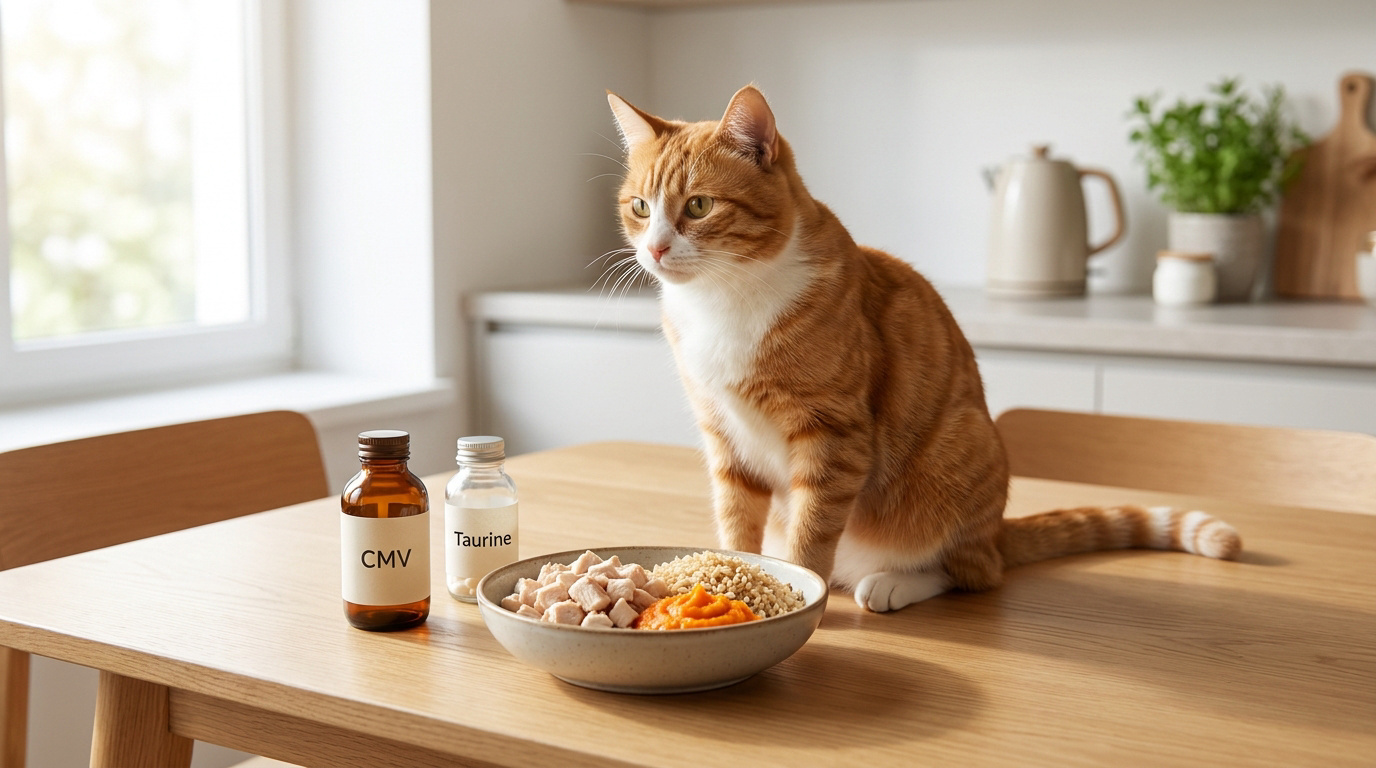 Chat roux assis devant un bol de nourriture et des compléments alimentaires (CMV et Taurine) sur une table de cuisine.