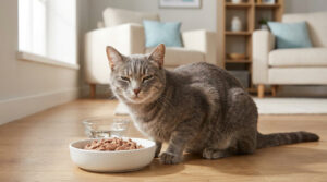 Un chat gris tabby assis devant un bol de pâtée et un bol d'eau dans un salon lumineux.
