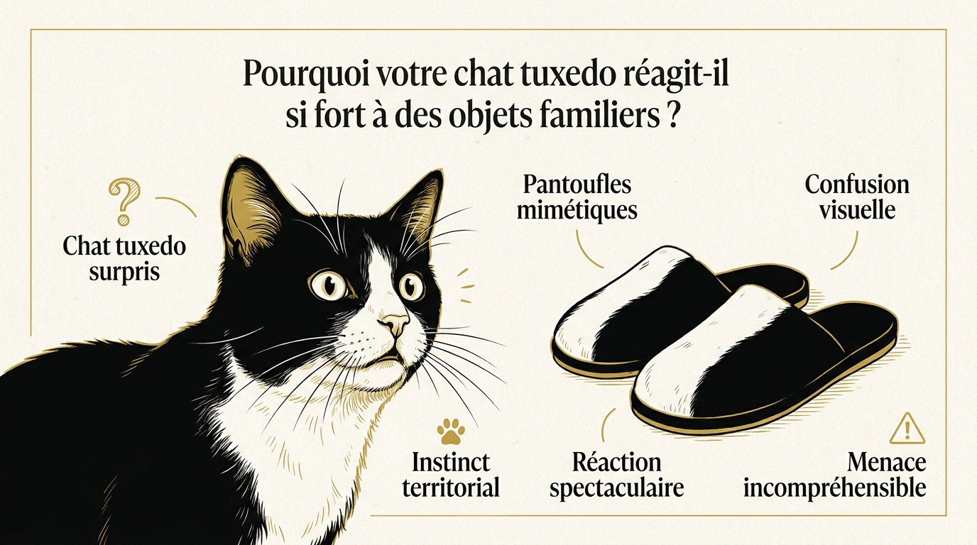 Chat tuxedo noir et blanc affichant une expression de surprise intense devant des pantoufles identiques à son pelage
