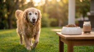 Un chien Golden Retriever âgé marchant dans un jardin vers un bol de nourriture posé sur une table en bois.