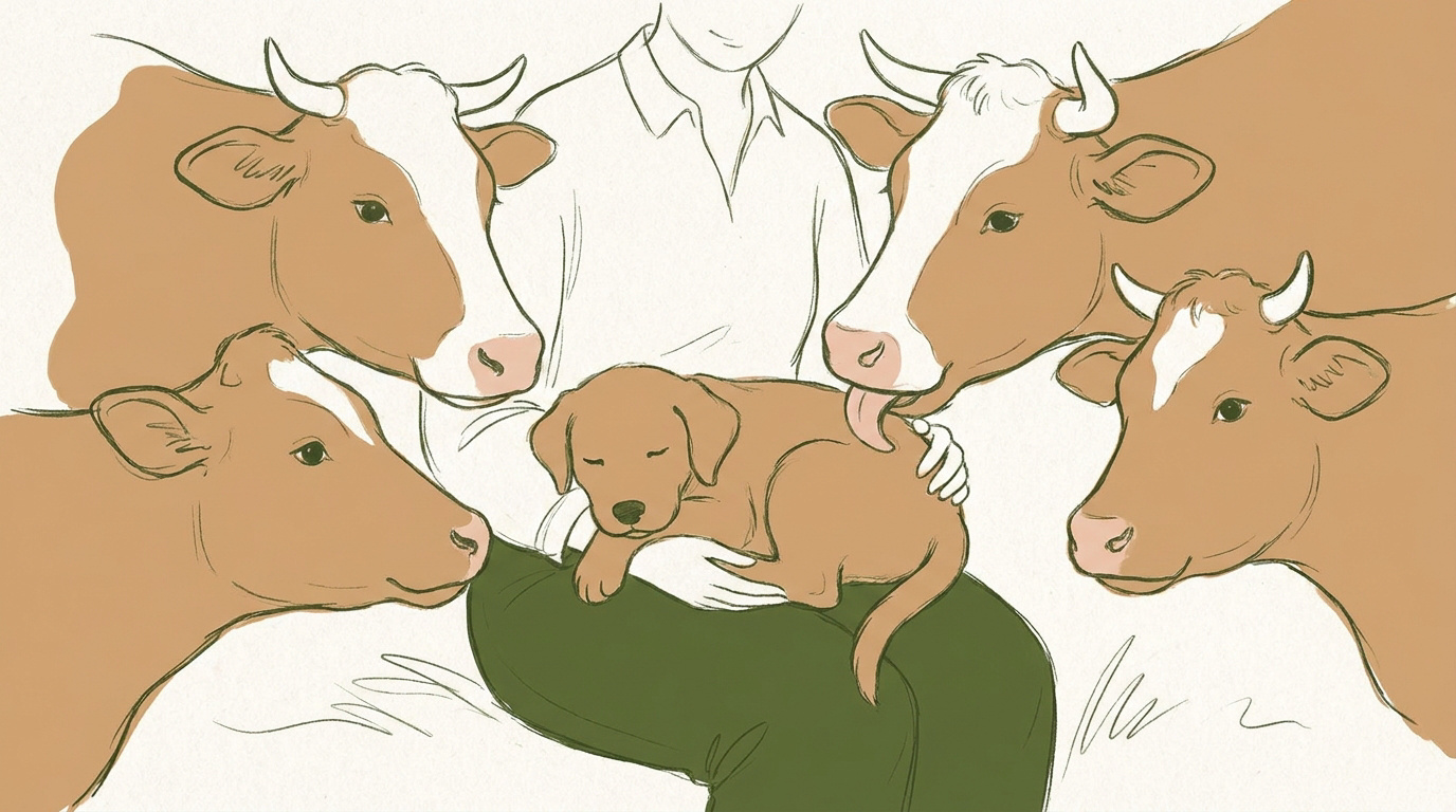 Chiot sur les genoux de sa propriétaire recevant des coups de langue affectueux de la part de trois vaches à la ferme