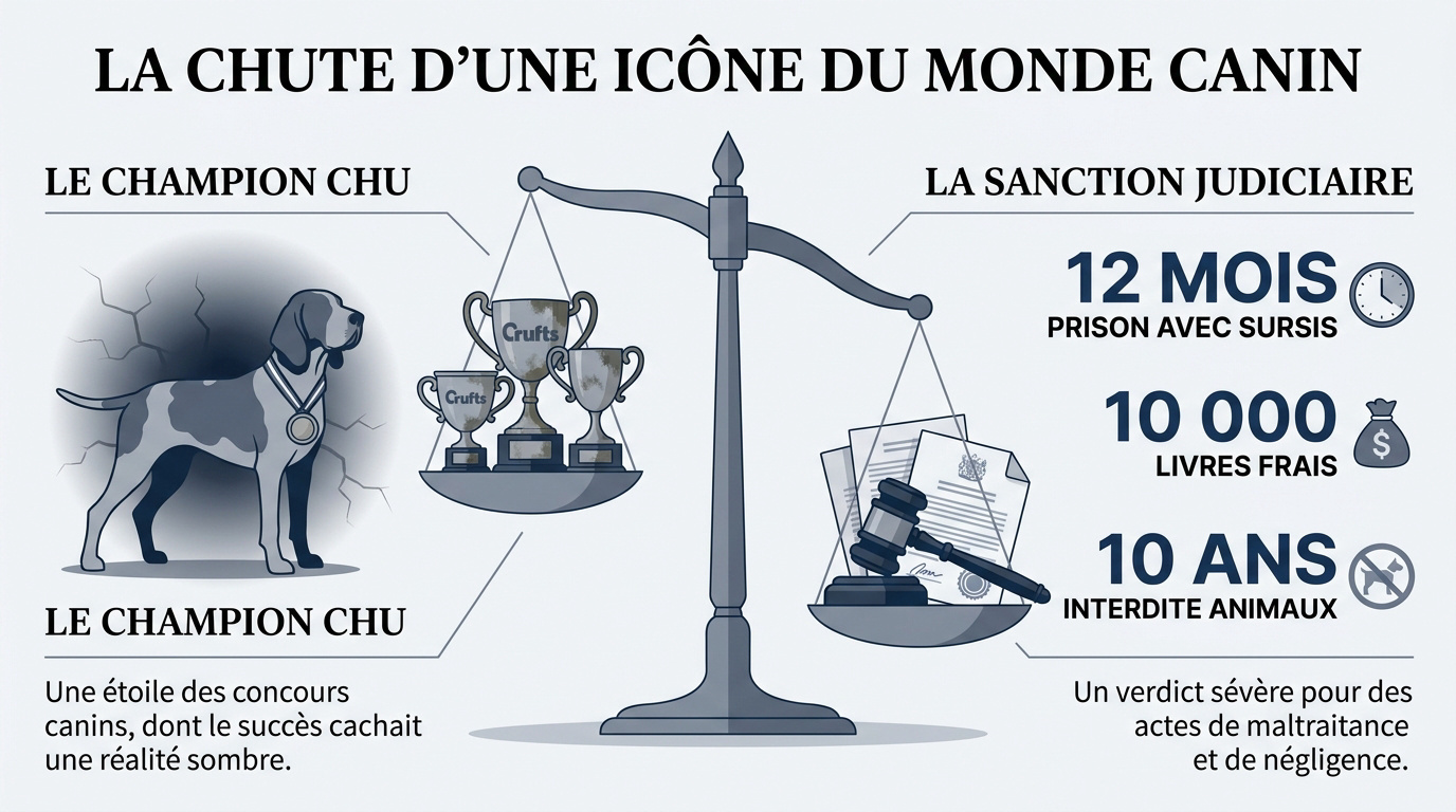 Illustration de la déchéance d'une championne de concours canin devant la justice.