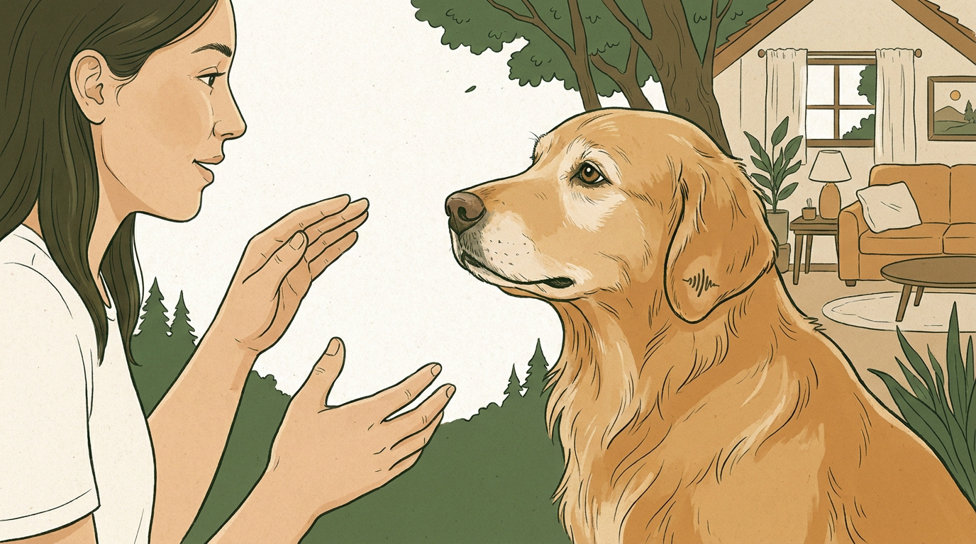 Complicité entre un homme et son chien sourd communiquant par gestes