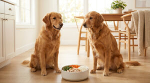 Deux golden retrievers assis devant une gamelle contenant du poulet, du riz, des carottes et des haricots verts.
