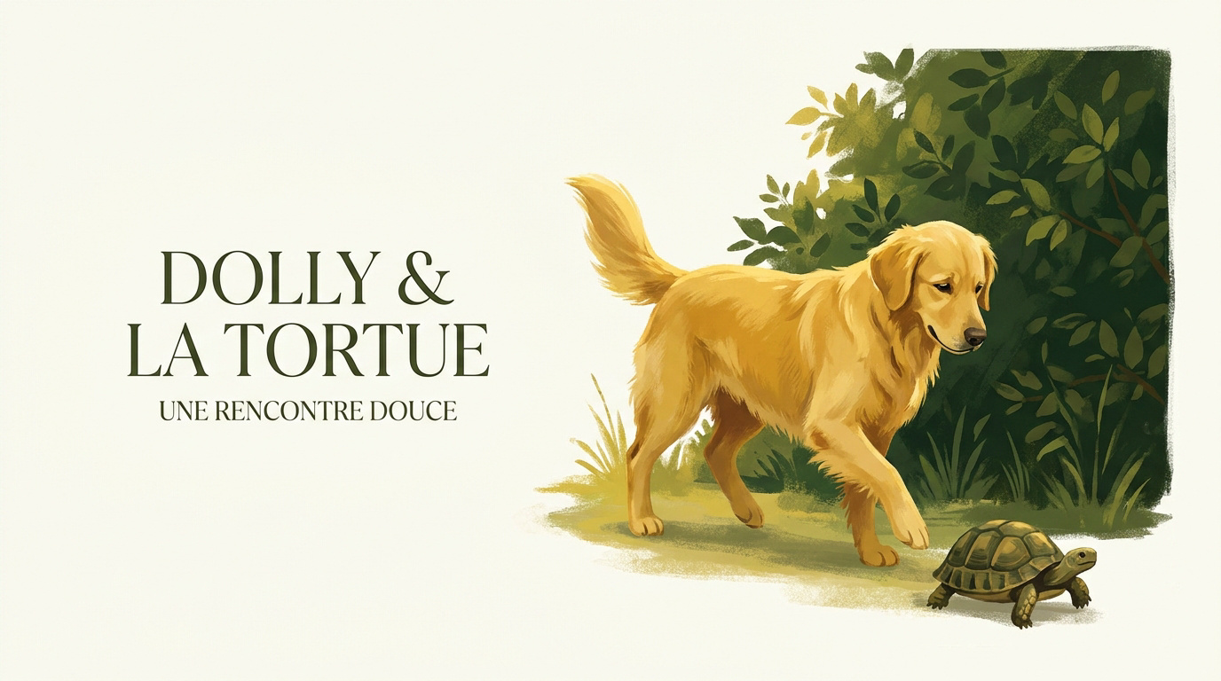 Dolly le Golden Retriever observant avec douceur une petite tortue dans l'herbe