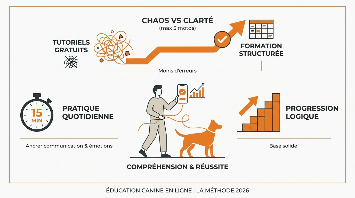 Propriétaire éduquant son chien avec succès grâce à une formation structurée en ligne