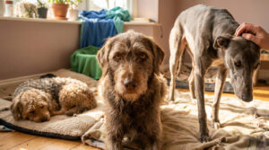 Trois chiens de races différentes se reposent dans une pièce ensoleillée alors qu'une main caresse l'un d'eux.