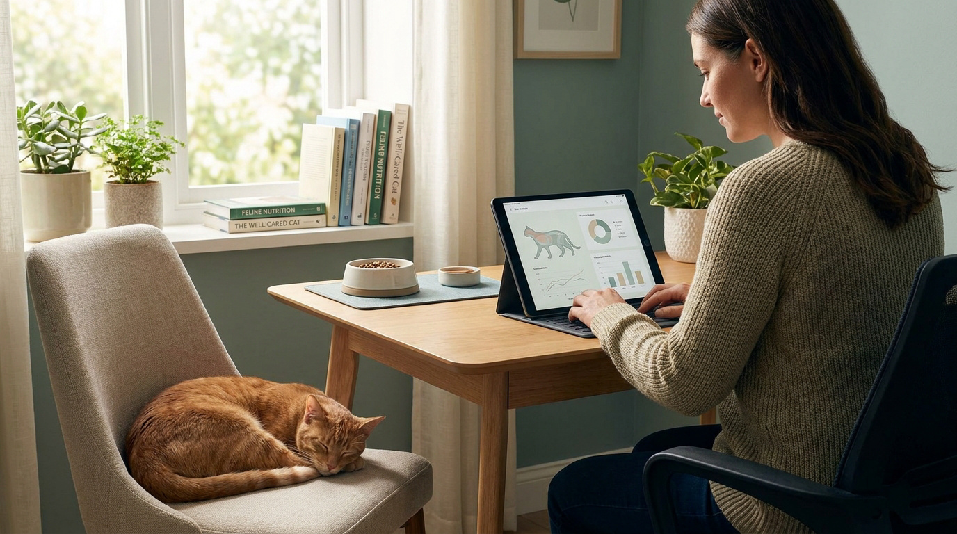 Une femme travaille sur une tablette affichant des graphiques sur la nutrition féline, un chat dort à ses côtés.