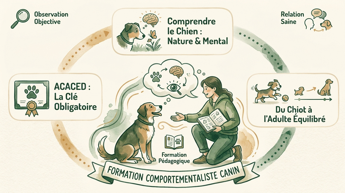 Schéma du parcours pédagogique pour devenir comportementaliste canin incluant éthologie et psychologie